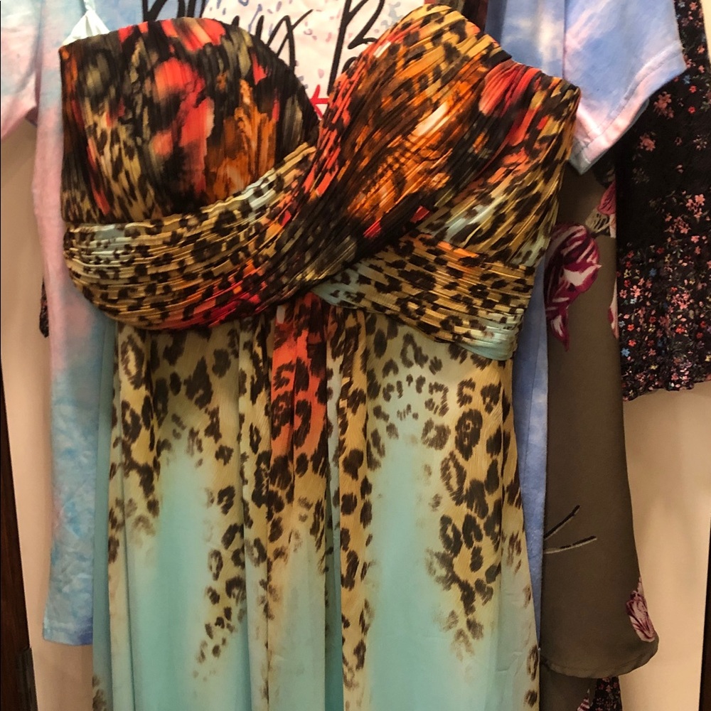 Strapless Leopard Print Ombre Maxi Dress in Teal and Orange